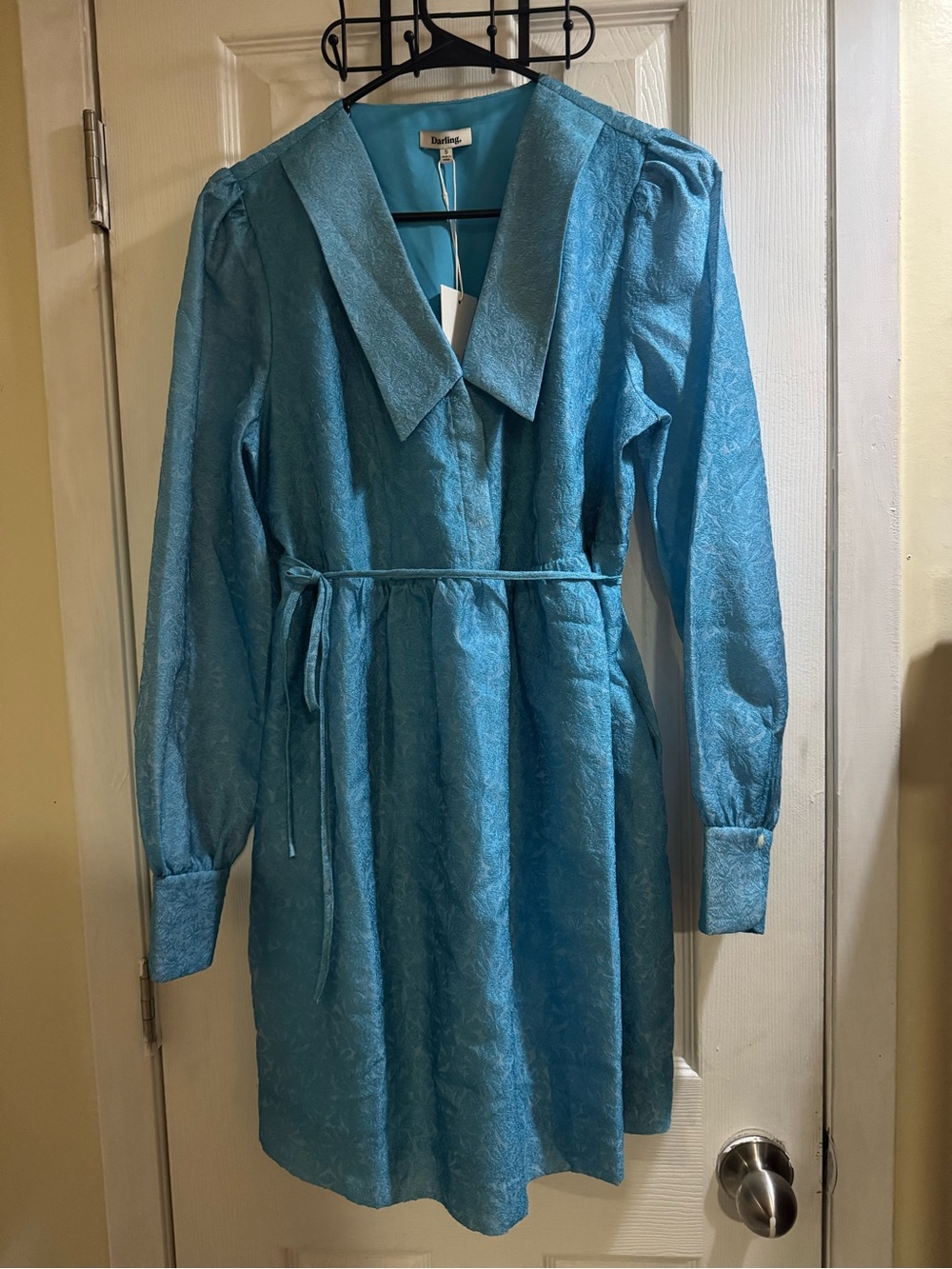 Darling Blue Jacquard Mini Dress Size S Puff Sleeve Tie Waist Collared Dress Nwt